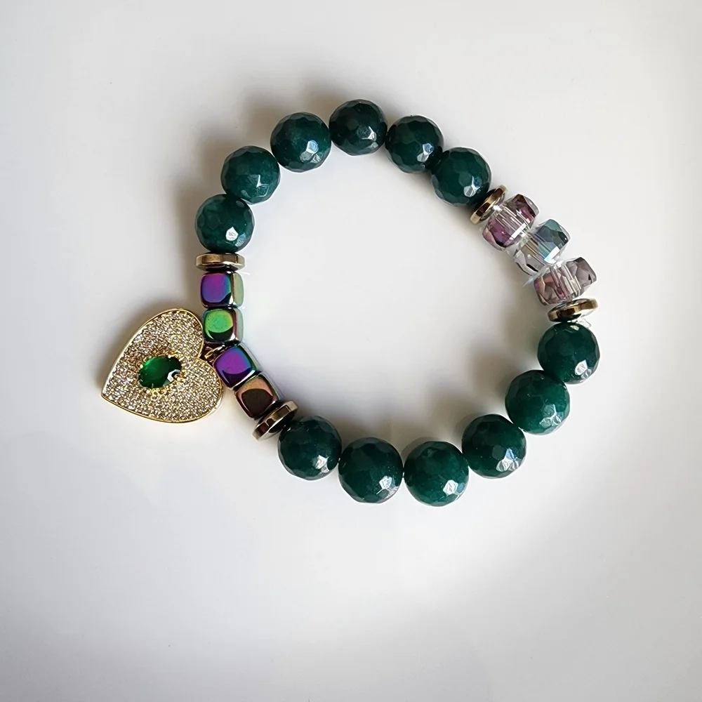 Agate Beaded Bracelet Green Gold Heart Charm CZ + Matching Earrings Jewelry Set